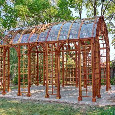 The Victorian Trellis (Options: 22' L x 14' W, Victorian Arcs in One Side [3 Arcs], California Redwood, with Rain Guard, 9' Post Height, Electrical Wiring Trim for 1 Post, No Ceiling Fan Base, Transparent Premium Sealant).