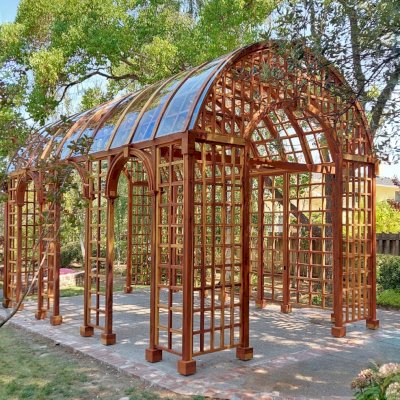 The Victorian Trellis (Options: 22' L x 14' W, Victorian Arcs in One Side [3 Arcs], California Redwood, with Rain Guard, 9' Post Height, Electrical Wiring Trim for 1 Post, No Ceiling Fan Base, Transparent Premium Sealant).