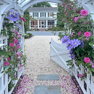 Custom Victorian Trellis (Options: 5' W x 5' D, Douglas-fir, 8' H, 4x4's Posts, Post Anchor Kit for Concrete, Custom Stain) with Custom Fence and Door. Photo Taken 2 Years After Installation. Photo Courtesy of Jessica and Brian Steel of Leesburg, Maryland.