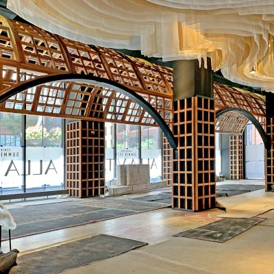 Custom Victorian Trellis Under Construction (Options: California Redwood, Transparent Premium Sealant). Installed at new restaurant ALLAVITA in 564 W Randolph St, Chicago, IL. Grand opening summer 2021. 
