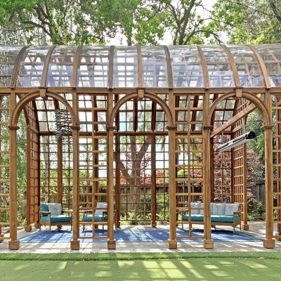 The Victorian Trellis (Options: 22' L x 14' W, Combination of Arcs and Lattice Panels, California Redwood, With Rain Guard, 9' Post Height, No Electrical Wiring Trim, No Ceiling Fan Base, Transparent Premium Sealant). Photo Courtesy of D. Blatz of Saratoga, CA.