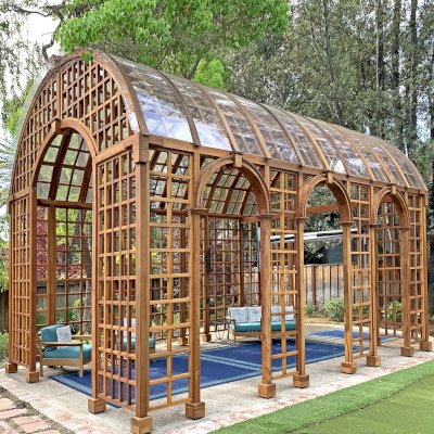 The Victorian Trellis (Options: 22' L x 14' W, Combination of Arcs and Lattice Panels, California Redwood, With Rain Guard, 9' Post Height, No Electrical Wiring Trim, No Ceiling Fan Base, Transparent Premium Sealant). Photo Courtesy of D. Blatz of Saratoga, CA.