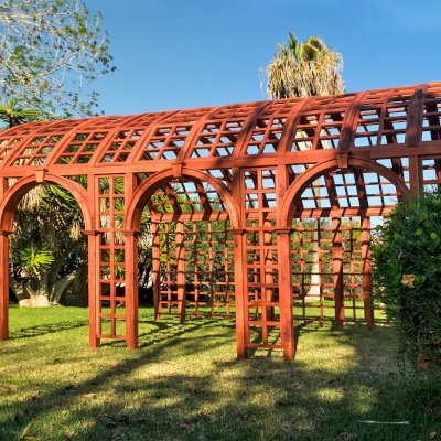 The Victorian Trellis (Options: 22' L x 14' W, Combination of Arcs and Lattice Panels, Mature Redwood, No Rain Guard, 9' Post Height, No Electrical Wiring Trim, No Ceiling Fan Base, Transparent Premium Sealant).