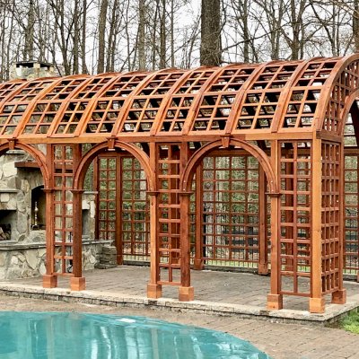 The Victorian Trellis (Options: 22' L x 14' W, Combination of Arcs and Lattice Panels, Mature Redwood, No Rain Guard, 9' Post Height, No Electrical Wiring Trim, Post Anchor Kit for Stone, No Ceiling Fan Base, Transparent Premium Sealant).