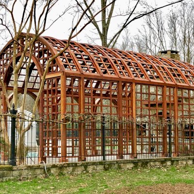 The Victorian Trellis (Options: 22' L x 14' W, Combination of Arcs and Lattice Panels, Mature Redwood, No Rain Guard, 9' Post Height, No Electrical Wiring Trim, Post Anchor Kit for Stone, No Ceiling Fan Base, Transparent Premium Sealant).
