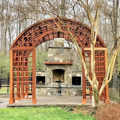 The Victorian Trellis (Options: 22' L x 14' W, Combination of Arcs and Lattice Panels, Mature Redwood, No Rain Guard, 9' Post Height, No Electrical Wiring Trim, Post Anchor Kit for Stone, No Ceiling Fan Base, Transparent Premium Sealant).