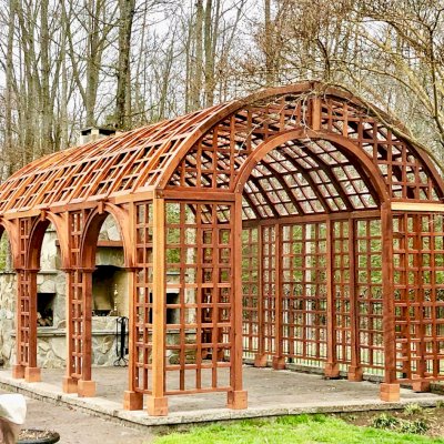 The Victorian Trellis (Options: 22' L x 14' W, Combination of Arcs and Lattice Panels, Mature Redwood, No Rain Guard, 9' Post Height, No Electrical Wiring Trim, Post Anchor Kit for Stone, No Ceiling Fan Base, Transparent Premium Sealant).