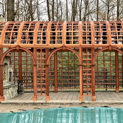 The Victorian Trellis (Options: 22' L x 14' W, Combination of Arcs and Lattice Panels, Mature Redwood, No Rain Guard, 9' Post Height, No Electrical Wiring Trim, Post Anchor Kit for Stone, No Ceiling Fan Base, Transparent Premium Sealant).