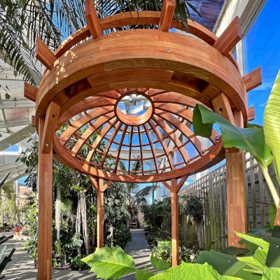 Wooden Dome Pergola (Options: 12' Diameter, Mosaic Douglas-fir, Open roof with slats at 12", Transparent Premium Sealant).