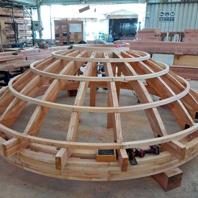 Wooden Dome Pergola Under Construction (Options: 12' Diameter, Mosaic Douglas-fir, Open roof with slats at 12").