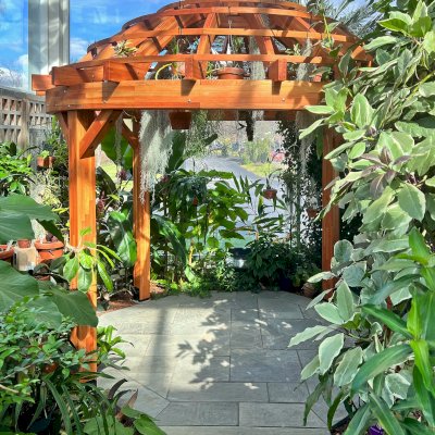 Wooden Dome Pergola (Options: 12' Diameter, Mosaic Douglas-fir, Open roof with slats at 12", Transparent Premium Sealant).