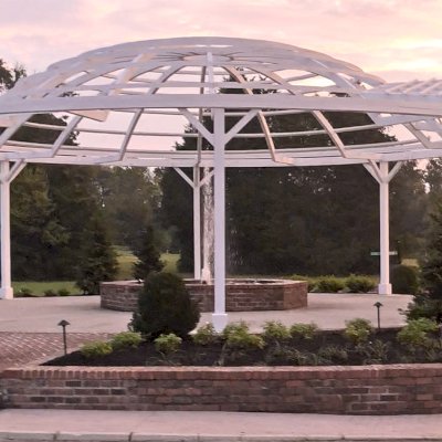 Custom Wooden Dome Pergola (Options: 40' Diameter, Mature Redwood, 12-Post Anchor Kit for High-Wind, Off-White Oil-Based Primer and Kilz White Finish). Photo Courtesy of S. Hobson of Knoxville, Tennessee.