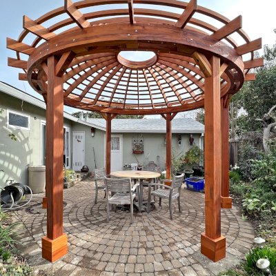 Wooden Dome Pergola (Options: 16' Diameter, Without Deck, California Redwood, Open Roof with Slats at 6", 9' Posts, No Electrical Wiring Trim, 6-Post Anchor Kit for Concrete, Transparent Premium Sealant).