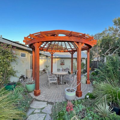 Wooden Dome Pergola (Options: 16' Diameter, Without Deck, California Redwood, Open Roof with Slats at 6", 9' Posts, No Electrical Wiring Trim, 6-Post Anchor Kit for Concrete, Transparent Premium Sealant).
