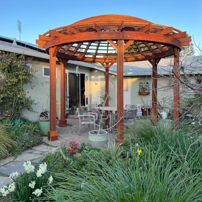 Wooden Dome Pergola (Options: 16' Diameter, Without Deck, California Redwood, Open Roof with Slats at 6", 9' Posts, No Electrical Wiring Trim, 6-Post Anchor Kit for Concrete, Transparent Premium Sealant).