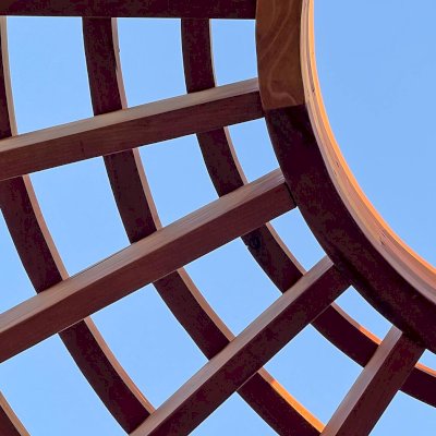 Wooden Dome Pergola (Options: 16' Diameter, Without Deck, California Redwood, Open Roof with Slats at 6", 9' Posts, No Electrical Wiring Trim, 6-Post Anchor Kit for Concrete, Transparent Premium Sealant).
