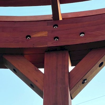 Wooden Dome Pergola (Options: 16' Diameter, Without Deck, California Redwood, Open Roof with Slats at 6", 9' Posts, No Electrical Wiring Trim, 6-Post Anchor Kit for Concrete, Transparent Premium Sealant).