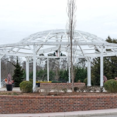 Custom Wooden Dome Pergola (Options: 40' Diameter, Mature Redwood, 12-Post Anchor Kit for High-Wind, Off-White Oil-Based Primer and Kilz White Finish). Photo Courtesy of S. Hobson of Knoxville, Tennessee.