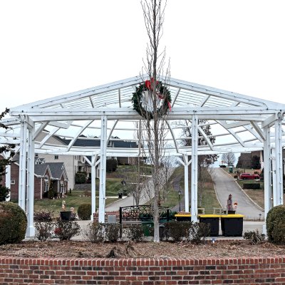 Custom Wooden Dome Pergola (Options: 40' Diameter, Mature Redwood, 12-Post Anchor Kit for High-Wind, Off-White Oil-Based Primer and Kilz White Finish). Photo Courtesy of S. Hobson of Knoxville, Tennessee.