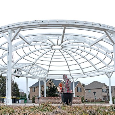 Custom Wooden Dome Pergola (Options: 40' Diameter, Mature Redwood, 12-Post Anchor Kit for High-Wind, Off-White Oil-Based Primer and Kilz White Finish). Photo Courtesy of S. Hobson of Knoxville, Tennessee.