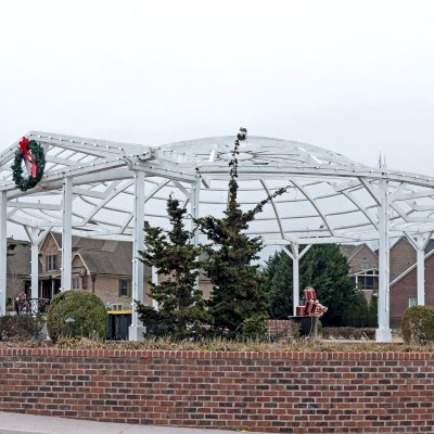 Custom Wooden Dome Pergola (Options: 40' Diameter, Mature Redwood, 12-Post Anchor Kit for High-Wind, Off-White Oil-Based Primer and Kilz White Finish). Photo Courtesy of S. Hobson of Knoxville, Tennessee.