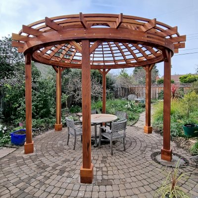 Wooden Dome Pergola (Options: 16' Diameter, Without Deck, California Redwood, Open Roof with Slats at 6", 9' Posts, No Electrical Wiring Trim, 6-Post Anchor Kit for Concrete, Transparent Premium Sealant).