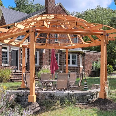 Custom Wooden Dome Pergola (Options: 21'-5" Diameter, Douglas-fir, 6-Post Anchor Kit for High-Wind, Transparent Premium Sealant). Photo Courtesy of A. Schaible of Michigan City, IN.