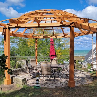 Custom Wooden Dome Pergola (Options: 21'-5" Diameter, Douglas-fir, 6-Post Anchor Kit for High-Wind, Transparent Premium Sealant). Photo Courtesy of A. Schaible of Michigan City, IN.