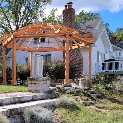 Custom Wooden Dome Pergola (Options: 21'-5" Diameter, Douglas-fir, 6-Post Anchor Kit for High-Wind, Transparent Premium Sealant). Photo Courtesy of A. Schaible of Michigan City, IN.