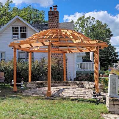 Custom Wooden Dome Pergola (Options: 21'-5" Diameter, Douglas-fir, 6-Post Anchor Kit for High-Wind, Transparent Premium Sealant). Photo Courtesy of A. Schaible of Michigan City, IN.