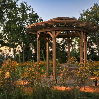 Wooden Dome Pergola (Options: 16' Diameter, Without Deck, California Redwood, Open Roof with Slats at 6", 9' Posts, No Electrical Wiring Trim, 6-Post Anchor Kit for Concrete, Transparent Premium Sealant). Photo Courtesy of P. Kawalek of Black Earth, Wisconsin.