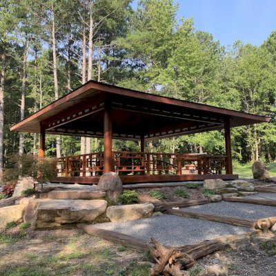 Zen Garden Pavilion (Options: 32ft x 32ft with Deck & Railings, Mature Redwood, Without Fascia Board for Gutters, No Electrical Wiring Trim, 4 post high-wind anchor kit, Add a Ceiling Fan Base, No Curtain Rods, Transparent Premium Sealant).