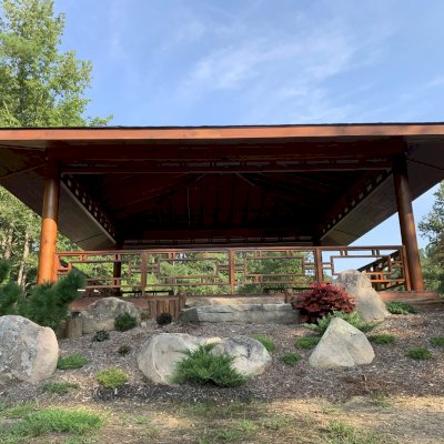 Zen Garden Pavilion (Options: 32ft x 32ft with Deck & Railings, Mature Redwood, Without Fascia Board for Gutters, No Electrical Wiring Trim, 4 post high-wind anchor kit, Add a Ceiling Fan Base, No Curtain Rods, Transparent Premium Sealant).