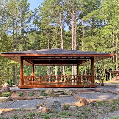 Zen Garden Pavilion (Options: 32ft x 32ft with Deck & Railings, Mature Redwood, Without Fascia Board for Gutters, No Electrical Wiring Trim, 4 post high-wind anchor kit, Add a Ceiling Fan Base, No Curtain Rods, Transparent Premium Sealant).