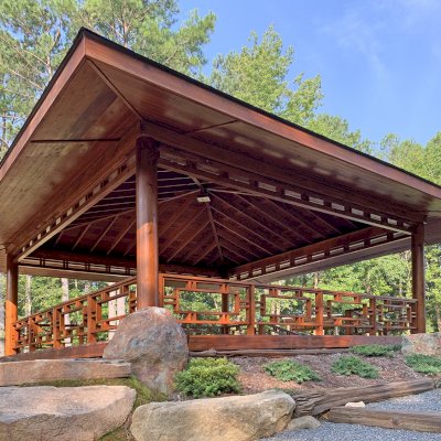 Zen Garden Pavilion (Options: 32ft x 32ft with Deck & Railings, Mature Redwood, Without Fascia Board for Gutters, No Electrical Wiring Trim, 4 post high-wind anchor kit, Add a Ceiling Fan Base, No Curtain Rods, Transparent Premium Sealant).