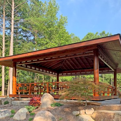 Zen Garden Pavilion (Options: 32ft x 32ft with Deck & Railings, Mature Redwood, Without Fascia Board for Gutters, No Electrical Wiring Trim, 4 post high-wind anchor kit, Add a Ceiling Fan Base, No Curtain Rods, Transparent Premium Sealant).