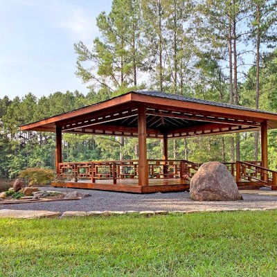 Zen Garden Pavilion (Options: 32ft x 32ft with Deck & Railings, Mature Redwood, Without Fascia Board for Gutters, No Electrical Wiring Trim, 4 post high-wind anchor kit, Add a Ceiling Fan Base, No Curtain Rods, Transparent Premium Sealant).