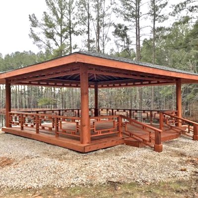 Zen Garden Pavilion (Options: 32ft x 32ft with Deck & Railings, Mature Redwood, Without Fascia Board for Gutters, No Electrical Wiring Trim, 4 post high-wind anchor kit, Add a Ceiling Fan Base, No Curtain Rods, Transparent Premium Sealant).