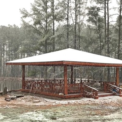 Zen Garden Pavilion (Options: 32ft x 32ft with Deck & Railings, Mature Redwood, Without Fascia Board for Gutters, No Electrical Wiring Trim, 4 post high-wind anchor kit, Add a Ceiling Fan Base, No Curtain Rods, Transparent Premium Sealant).