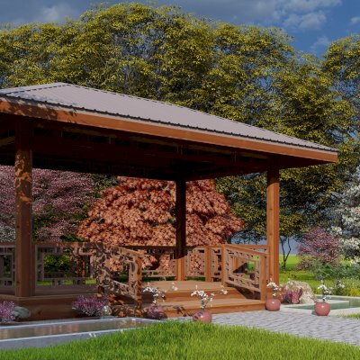 Zen Garden Pavilion (Options: 18ft L x 28ft W, with Deck & Railings.) - Rendering Drawing.