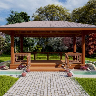 Zen Garden Pavilion (Rendering Shows: 18ft L x 28ft W, with Deck & Railings).