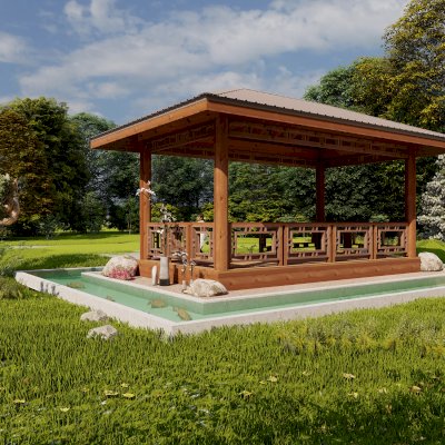 Zen Garden Pavilion (Rendering Shows: 18ft L x 28ft W, with Deck & Railings).