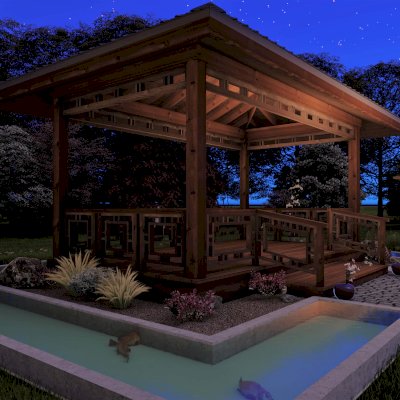 Zen Garden Pavilion (Rendering Shows: 18ft L x 28ft W, with Deck & Railings).