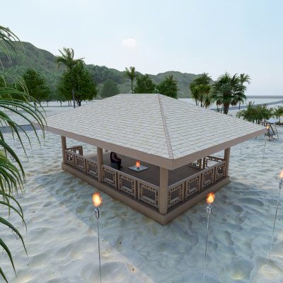Zen Garden Pavilion (Rendering Shows: 36ft L x 26ft W, with Deck & Railings).