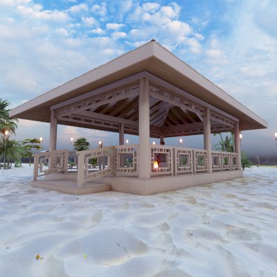 Zen Garden Pavilion (Rendering Shows: 36ft L x 26ft W, with Deck & Railings).