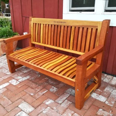 Ti Amo Benches (Options: 5 ft, California Redwood, No Cushion, Custom Engraving, Transparent Premium Sealant). Photo Courtesy of R. Manley of Sonoma, Alabama. 
