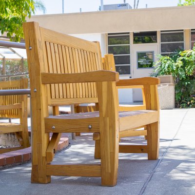 Ti Amo Benche (Options: 4 ft, Mosaic Douglas-Fir, No Cushion, No Engraving, Transparent Premium Sealant). Furniture Installed in Vanguard University [55 Fair Dr, Costa Mesa, CA].
