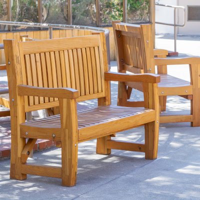 Ti Amo Benches (Options: 4 ft, Mosaic Douglas-Fir, No Cushion, No Engraving, Transparent Premium Sealant). Furniture Installed in Vanguard University [55 Fair Dr, Costa Mesa, CA].