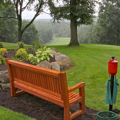 Tee at Mohican Hills Golf Club No. 12. Ti Amo Benches (Options: 6 ft, Mature Redwood, No Cushion, No Engraving, Custom Plaque Provided by Customer, Transparent Premium Sealant). Photo Courtesy of Fox Family.