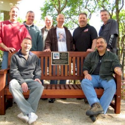 Ti Amo Benches (Options: 5 ft, Old-Growth Redwood, No Cushion, No Engraving, Custom Plaque Provided by Customer, Transparent Premium Sealant). Photo Courtesy of Windsor Fire Department, Windsor, CA.